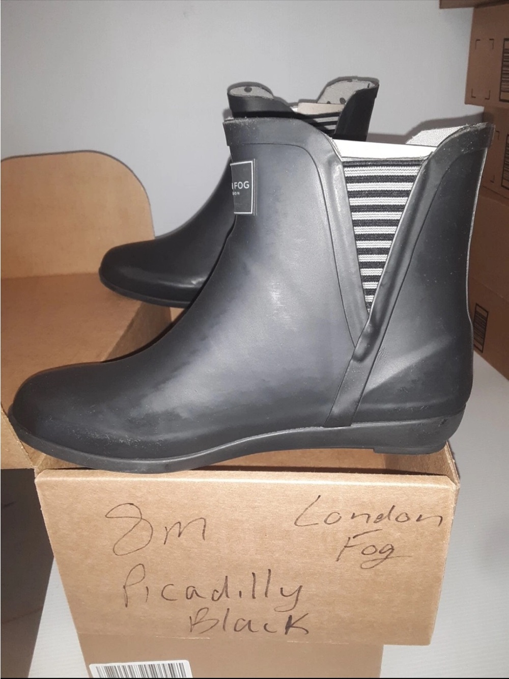 London Fog Black Short Chelsea Rain Boots with Striped Panels